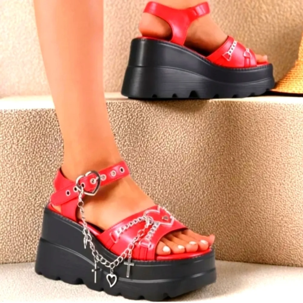 Red Platform Sandals with Chain Detail Sz 9